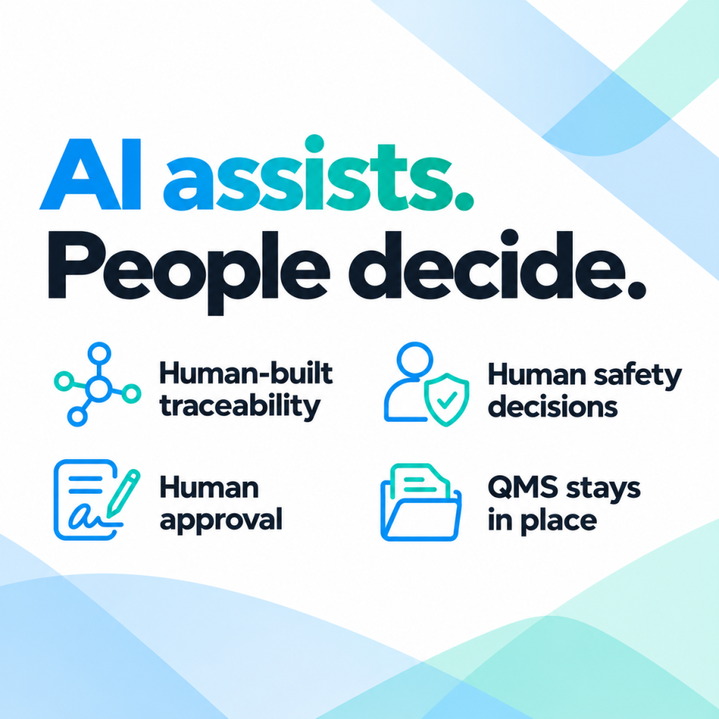 Engineers reviewing and signing medical device software documentation beside an AI-assisted checklist, with the headline “AI assists. People decide.”