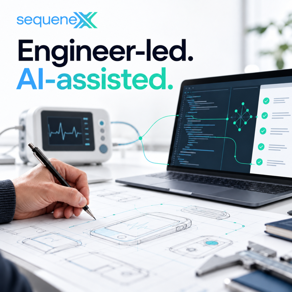 Alt text: Engineer sketching medical device designs beside a laptop displaying software code and verification checks, with blue and turquoise accents.